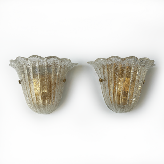 Pair of Vintage Ribbed Murano Wall Sconces with Scalloped Edging