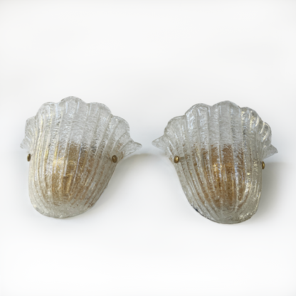 Pair of Vintage Ribbed Murano Wall Sconces with Scalloped Edging