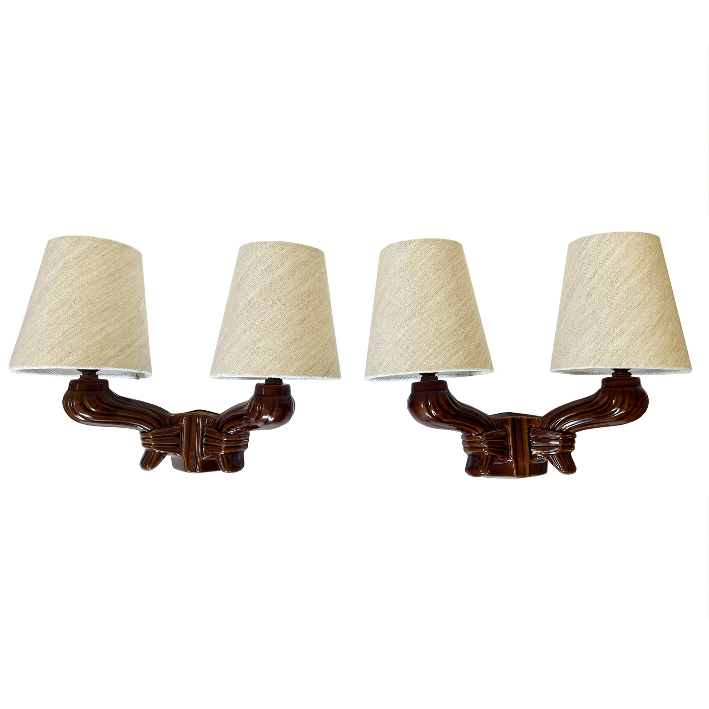 Pair of Vintage Brown Ceramic Twin Arm Wall Lamps