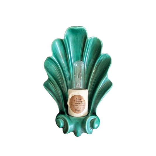 1950s French ceramic seashell wall sconce in glossy emerald green glaze with candle centre detail