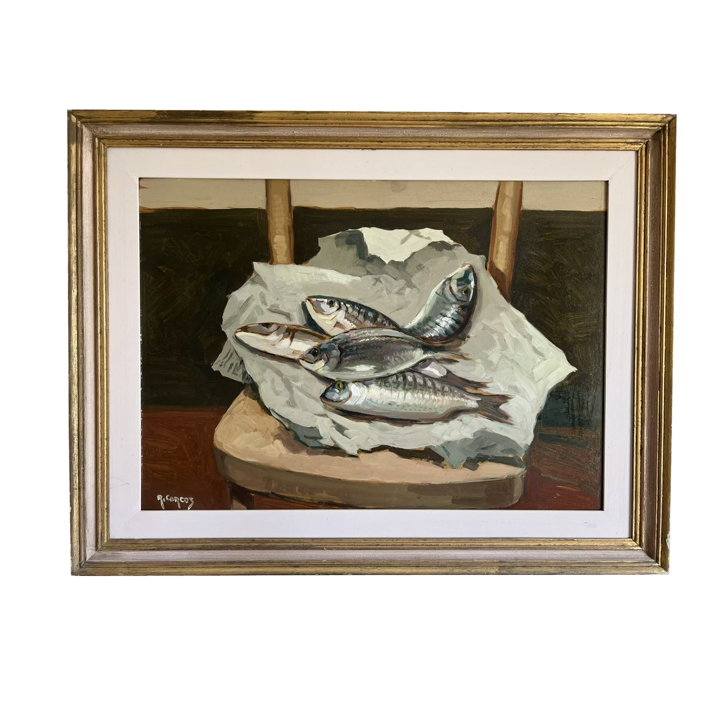 Italian Still Life Fish in Newspaper - Oil on Canvas