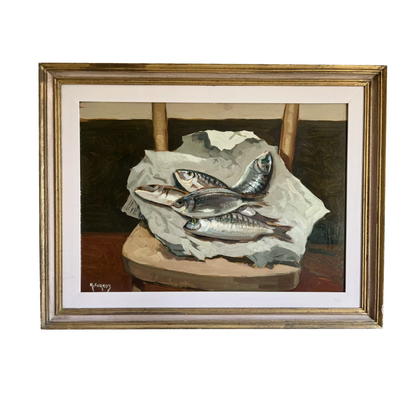 Italian Still Life Fish in Newspaper - Oil on Canvas