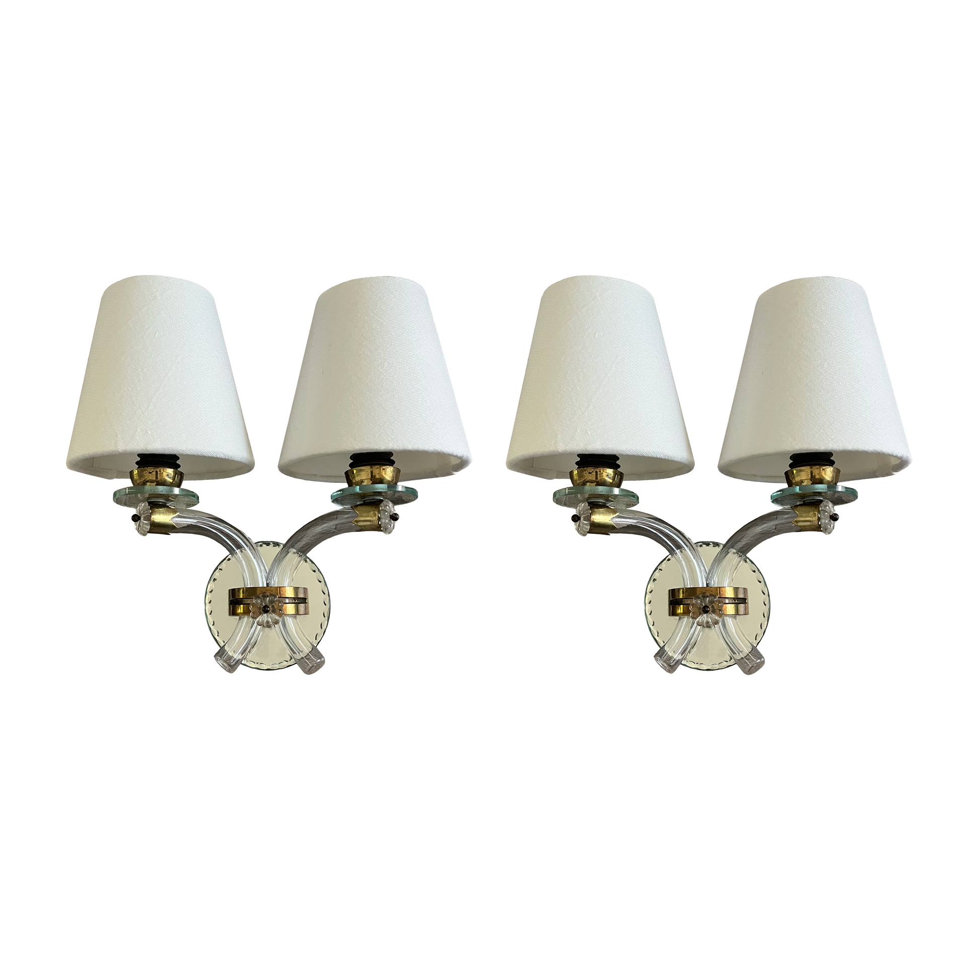 Pair of french crystal twin arm wall sconces with linen shades