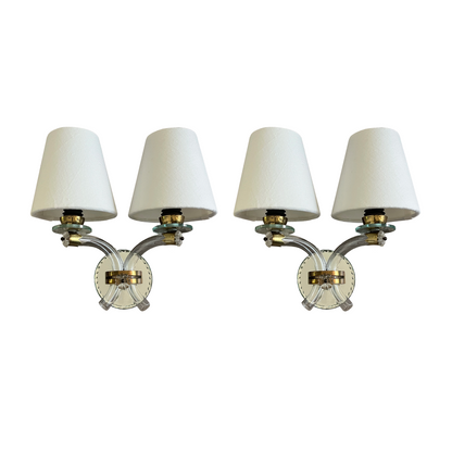 Pair of french crystal twin arm wall sconces with linen shades