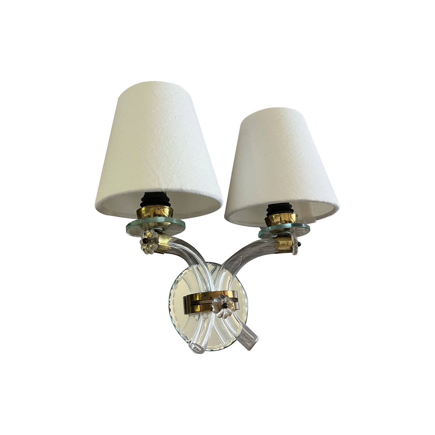 Pair of french crystal twin arm wall sconces with linen shades
