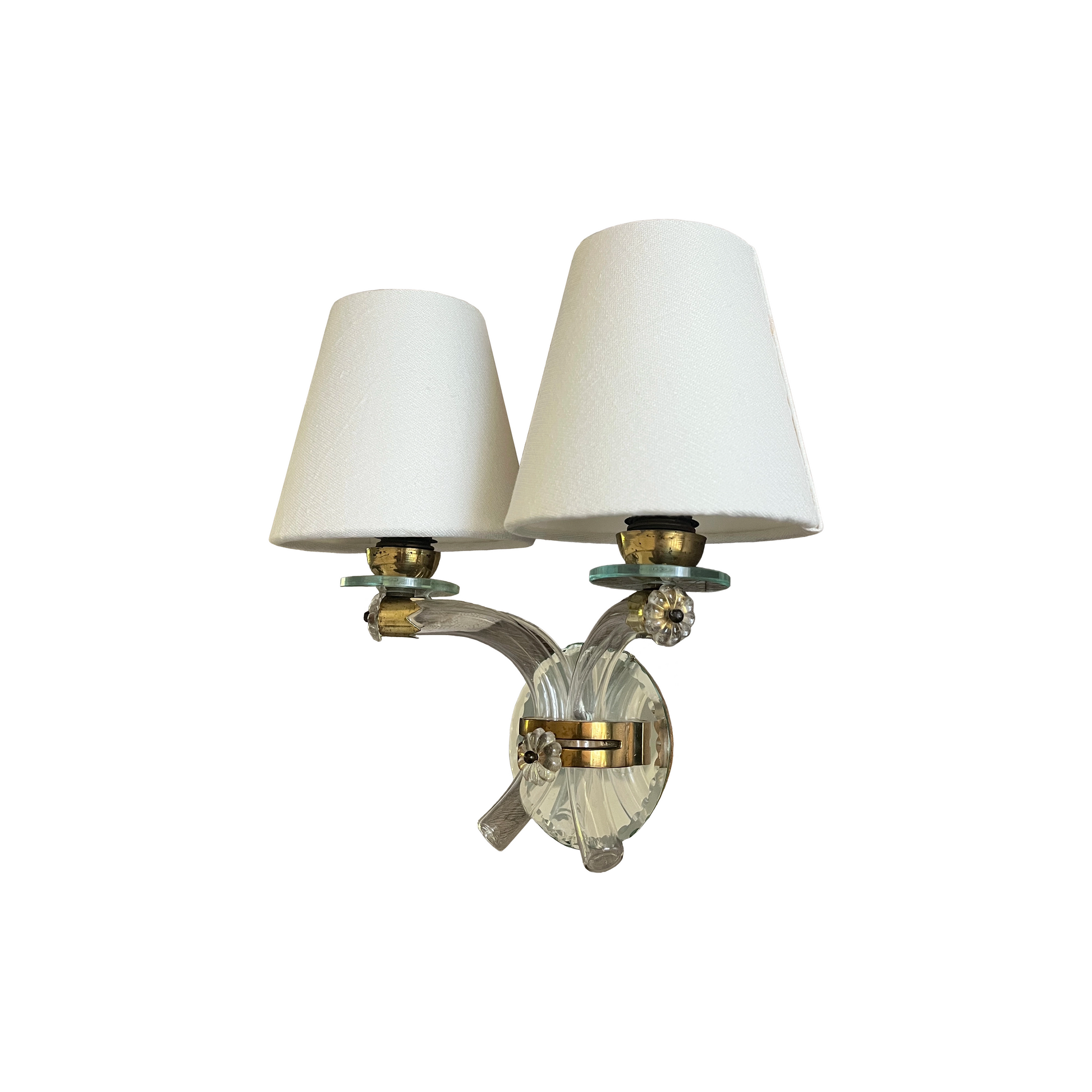Pair of french crystal twin arm wall sconces with linen shades
