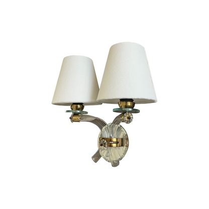 Pair of french crystal twin arm wall sconces with linen shades