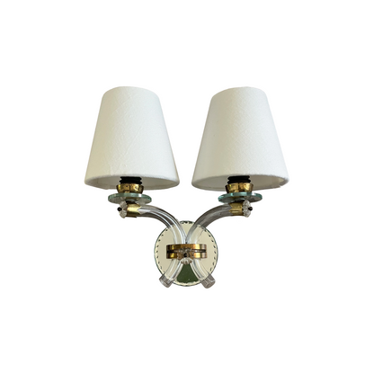 Pair of french crystal twin arm wall sconces with linen shades