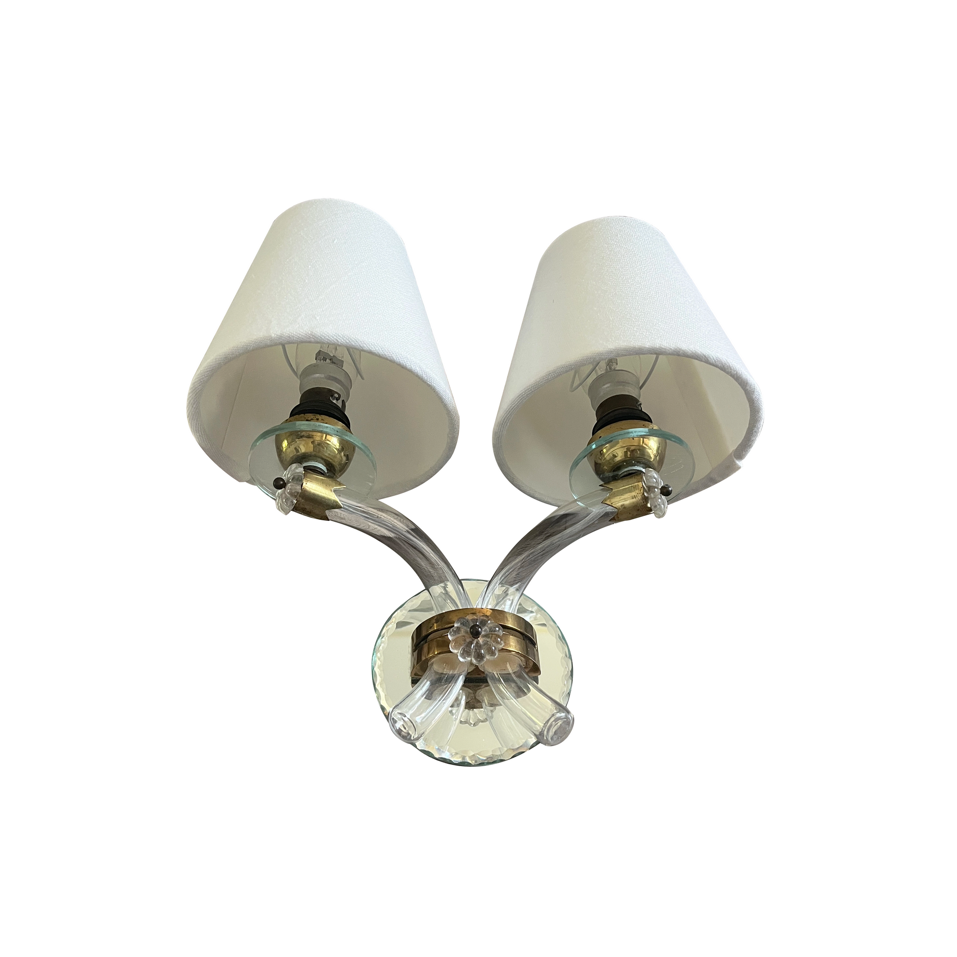 Pair of french crystal twin arm wall sconces with linen shades