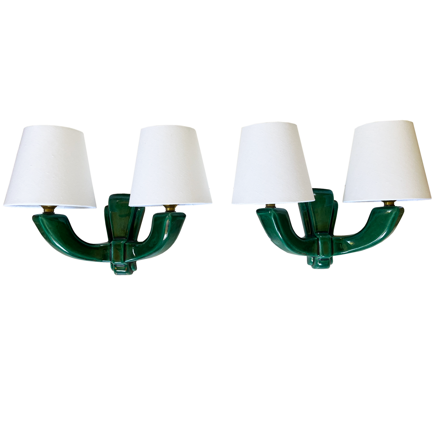 Pair of Twin Arm Emerald Green Ceramic Wall Lights