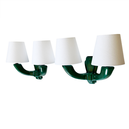 Pair of Twin Arm Emerald Green Ceramic Wall Lights