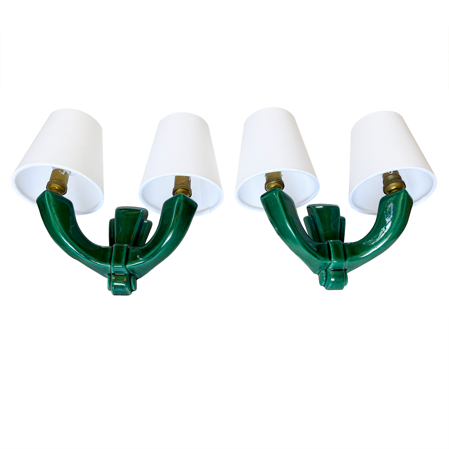 Pair of Twin Arm Emerald Green Ceramic Wall Lights