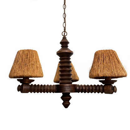 French carved wood three-arm chandelier attributed to Charles Dudouyt with jute shades, 1940s