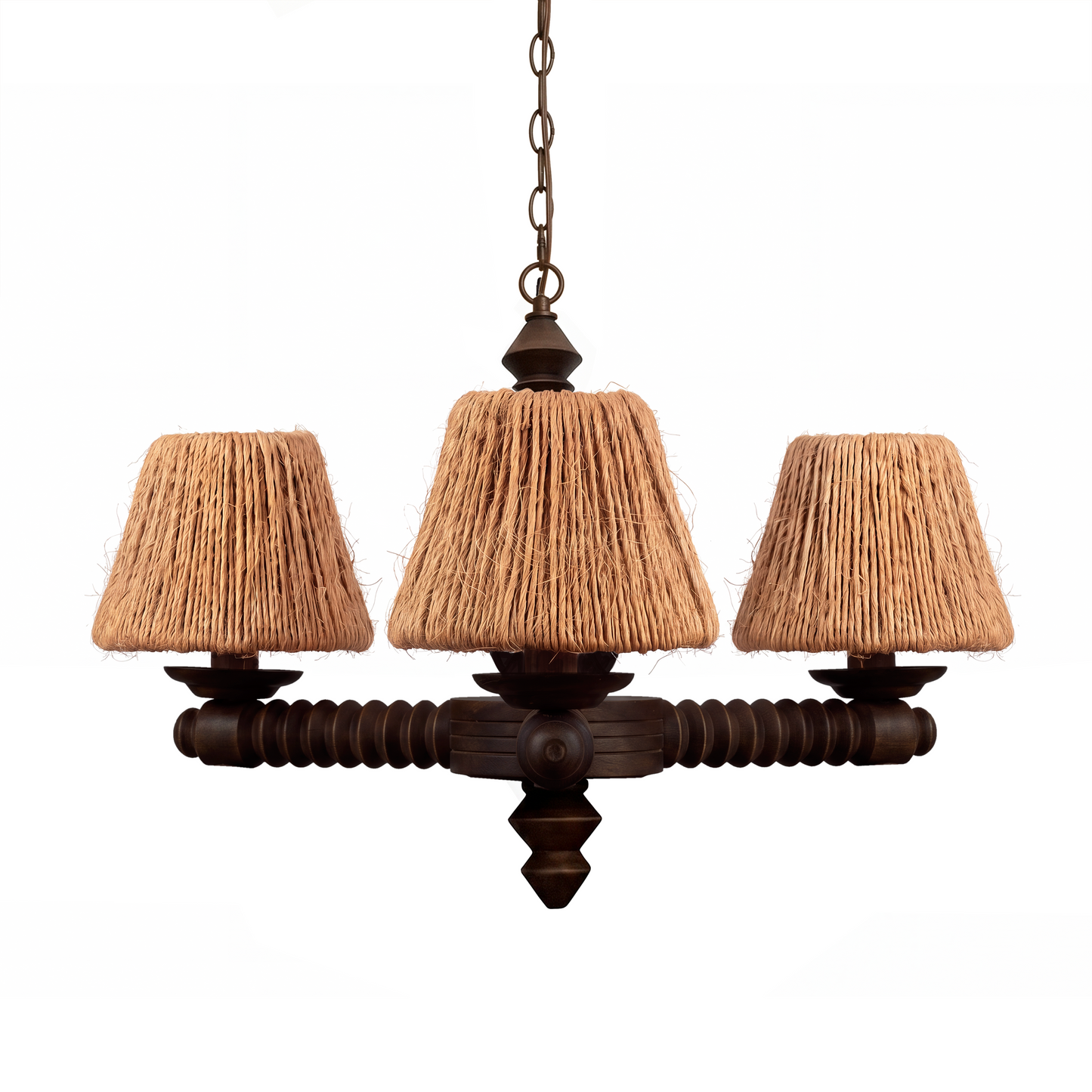 Woven jute shade and central carved column on vintage French wood chandelier