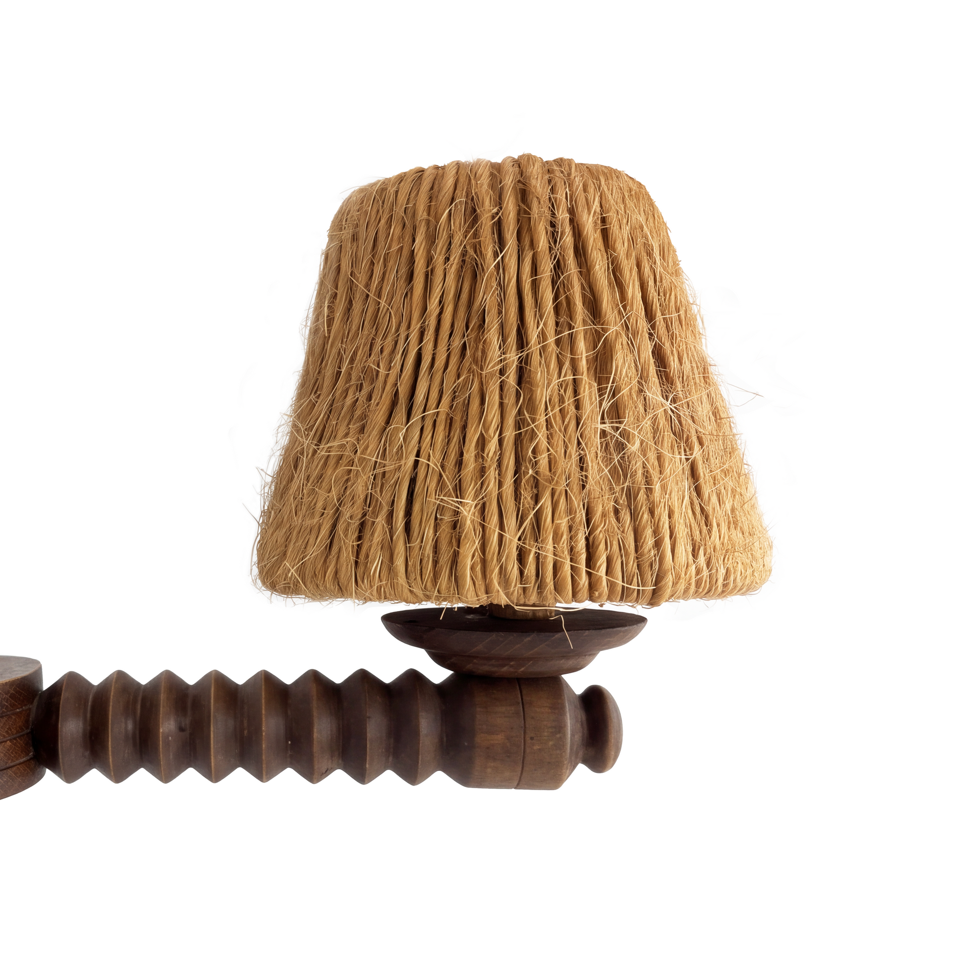 Close-up of turned-wood spindle detail on 1940s French Charles Dudouyt chandelier