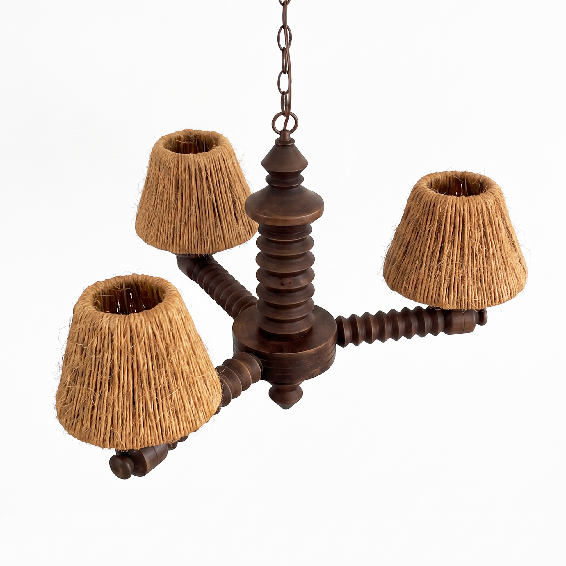 Woven jute shade and central carved column on vintage French wood chandelier