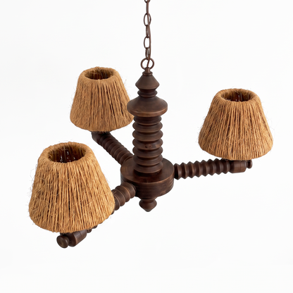Woven jute shade and central carved column on vintage French wood chandelier