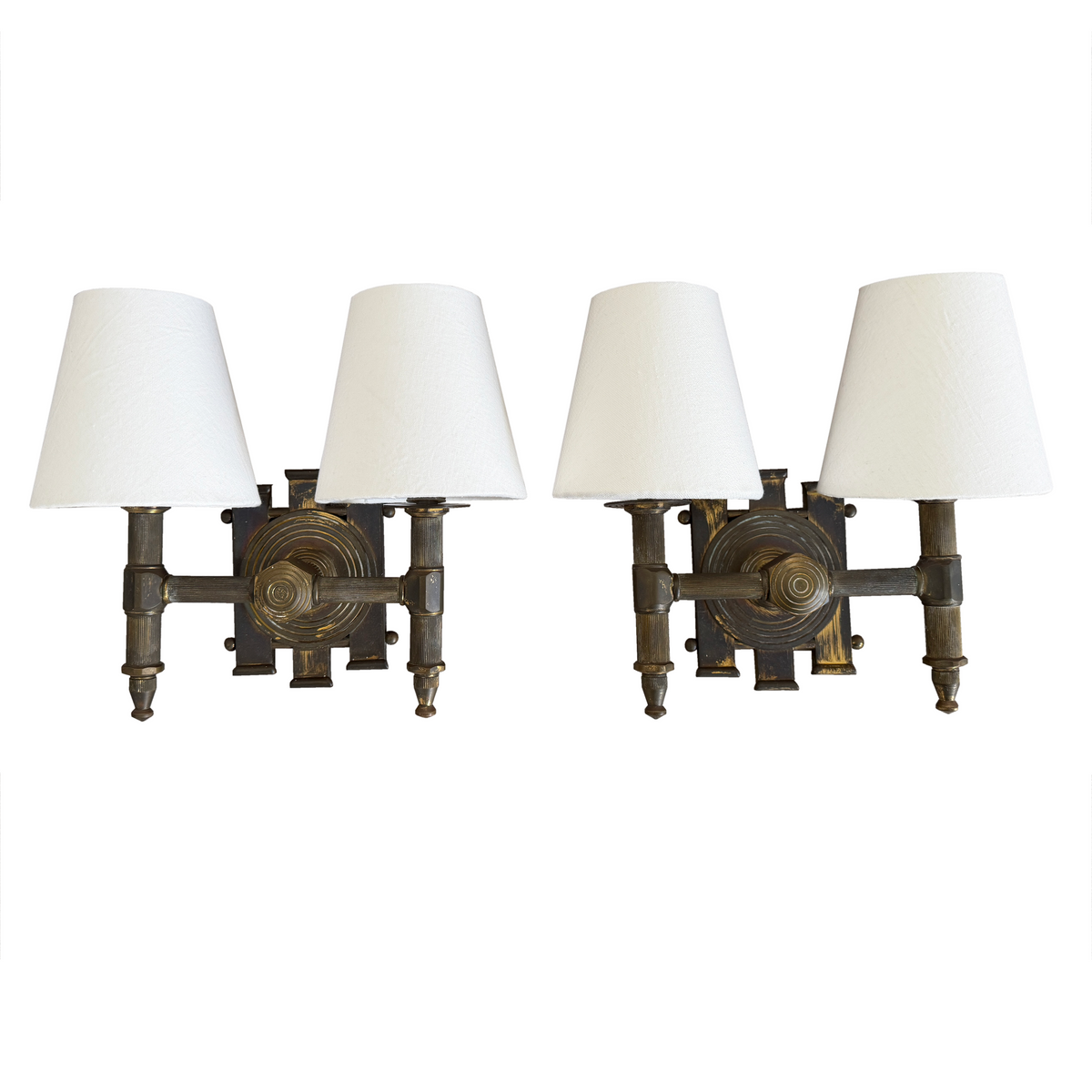 Pair of Italian brutalist twin-arm brass wall sconces with white linen shades, 1970s