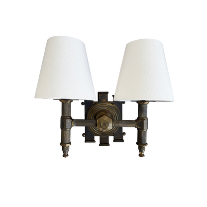 Twin articulating arm and aged brass patina on 1970s Italian brutalist wall light