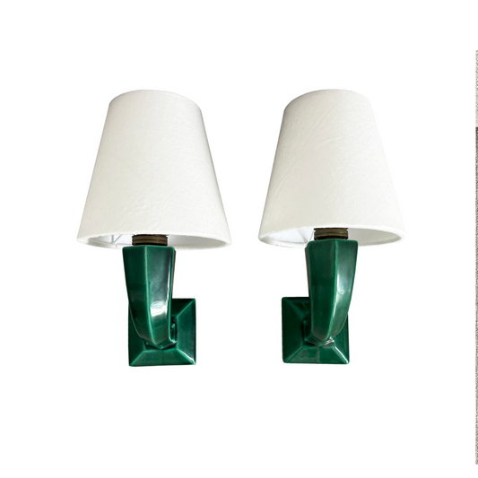 Pair of French Art Deco emerald green ceramic wall lights with white linen slip shades, 1940s