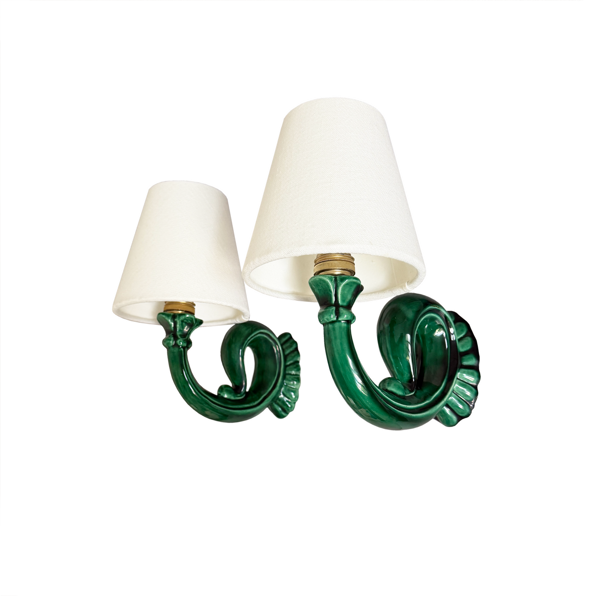 Pair of French Art Deco green glazed ceramic wall sconces with white linen shades, 1940s