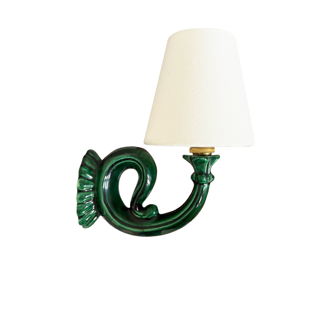 Single-arm ceramic form and green glaze patina on 1940s French wall light