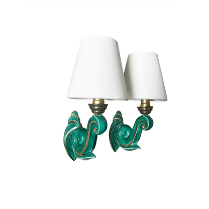 Pair of 1960s French green glazed ceramic wall sconces with curled arm silhouette and gold detailing