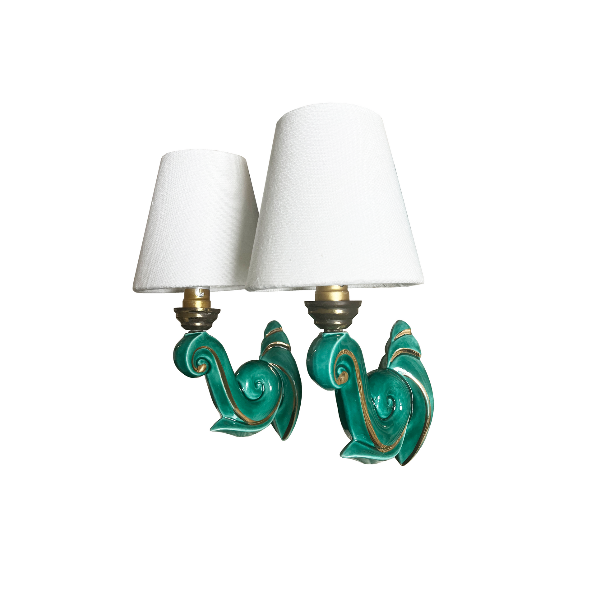 Pair of 1960s French green glazed ceramic wall sconces with curled arm silhouette and gold detailing