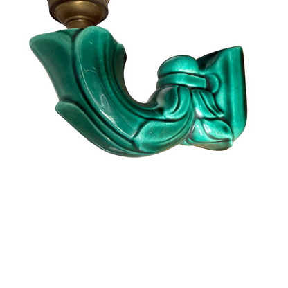 Filigree ceramic form and emerald green patina on 1940s French wall light
