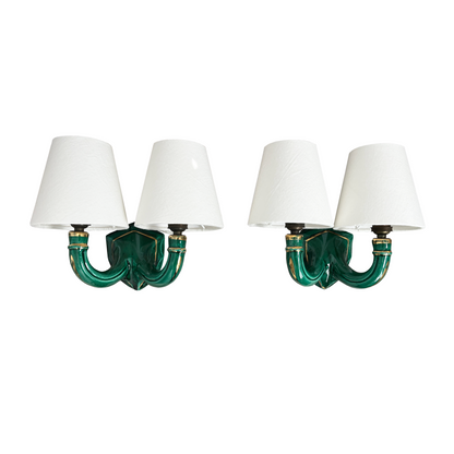 French emerald green glazed ceramic wall sconce with shield form and gilded twin arms, 1950s