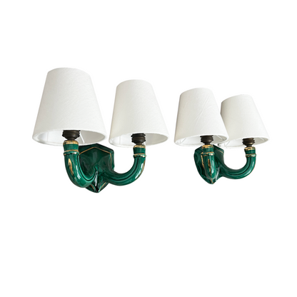 French emerald green glazed ceramic wall sconce with shield form and gilded twin arms, 1950s