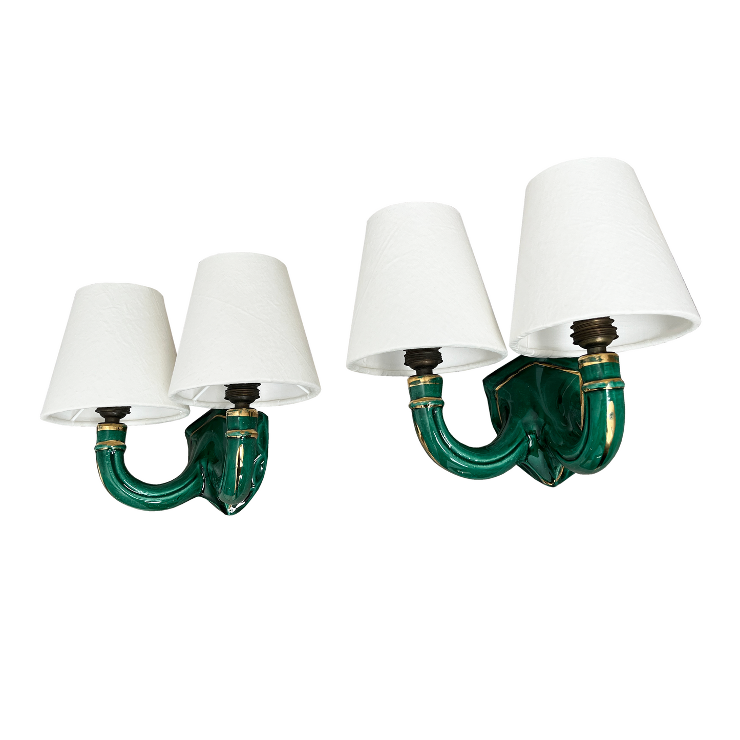 Gilded twin-arm detail on vintage French 1950s ceramic wall sconce