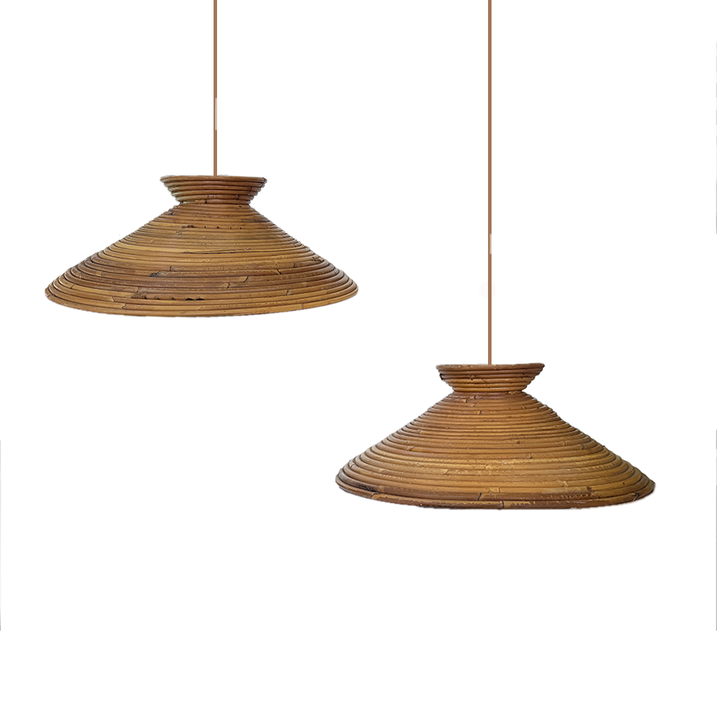 Pair of Italian pencil reed pyramid hourglass pendant lights in spiral-wrapped rattan, 1970s