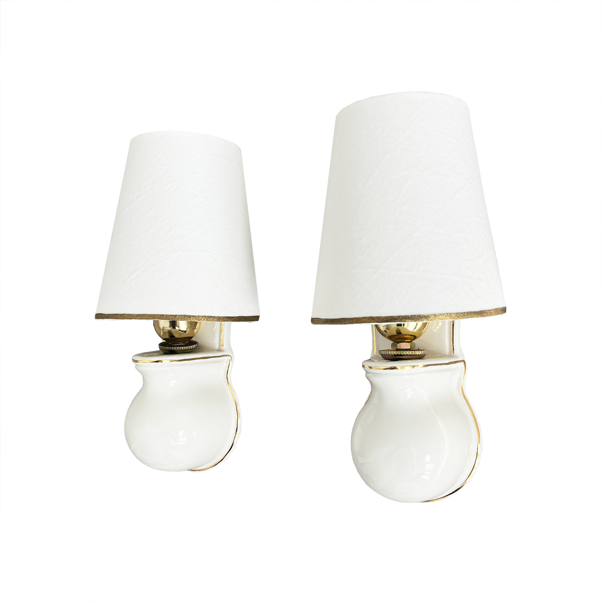 Pair of 1970s Italian white ceramic wall lights with gold trim and linen shades