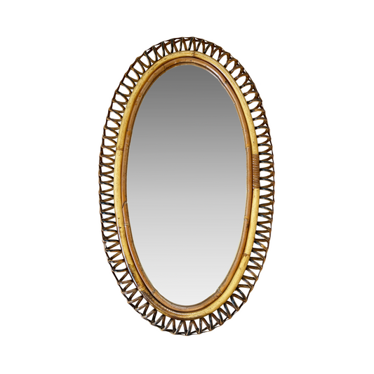 Vintage Rattan and Bamboo Coiled Mirror with Chain