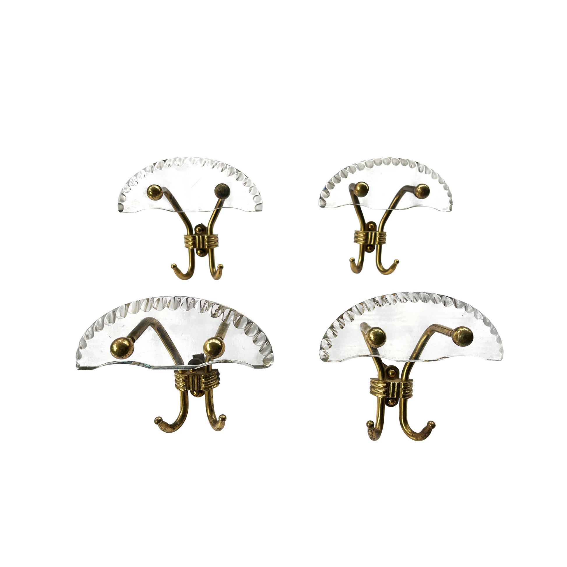 1950s Italian demi lune wall hook with hand-chiselled perspex and brass support