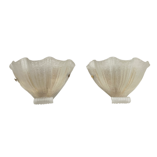 Large Pair of Vintage Frosted Clam Murano Glass Sconces