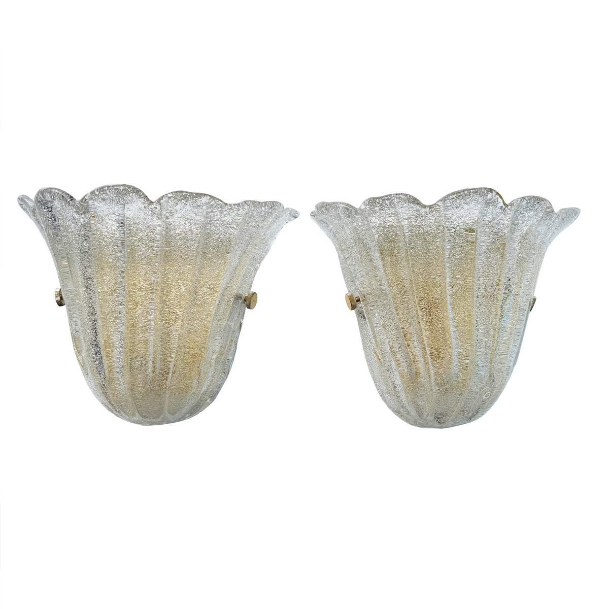 Pair of Graniglia Murano glass wall sconces with ribbed clear glass and brass, 1980s Italian
