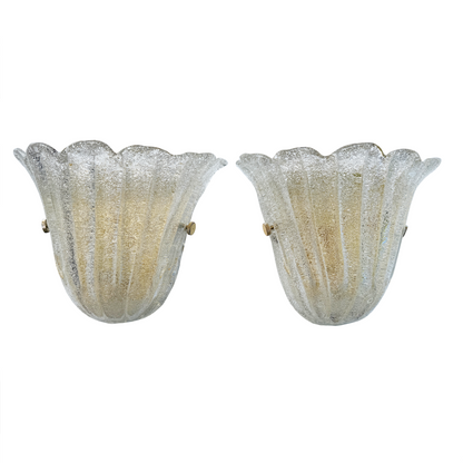 Pair of Graniglia Murano glass wall sconces with ribbed clear glass and brass, 1980s Italian