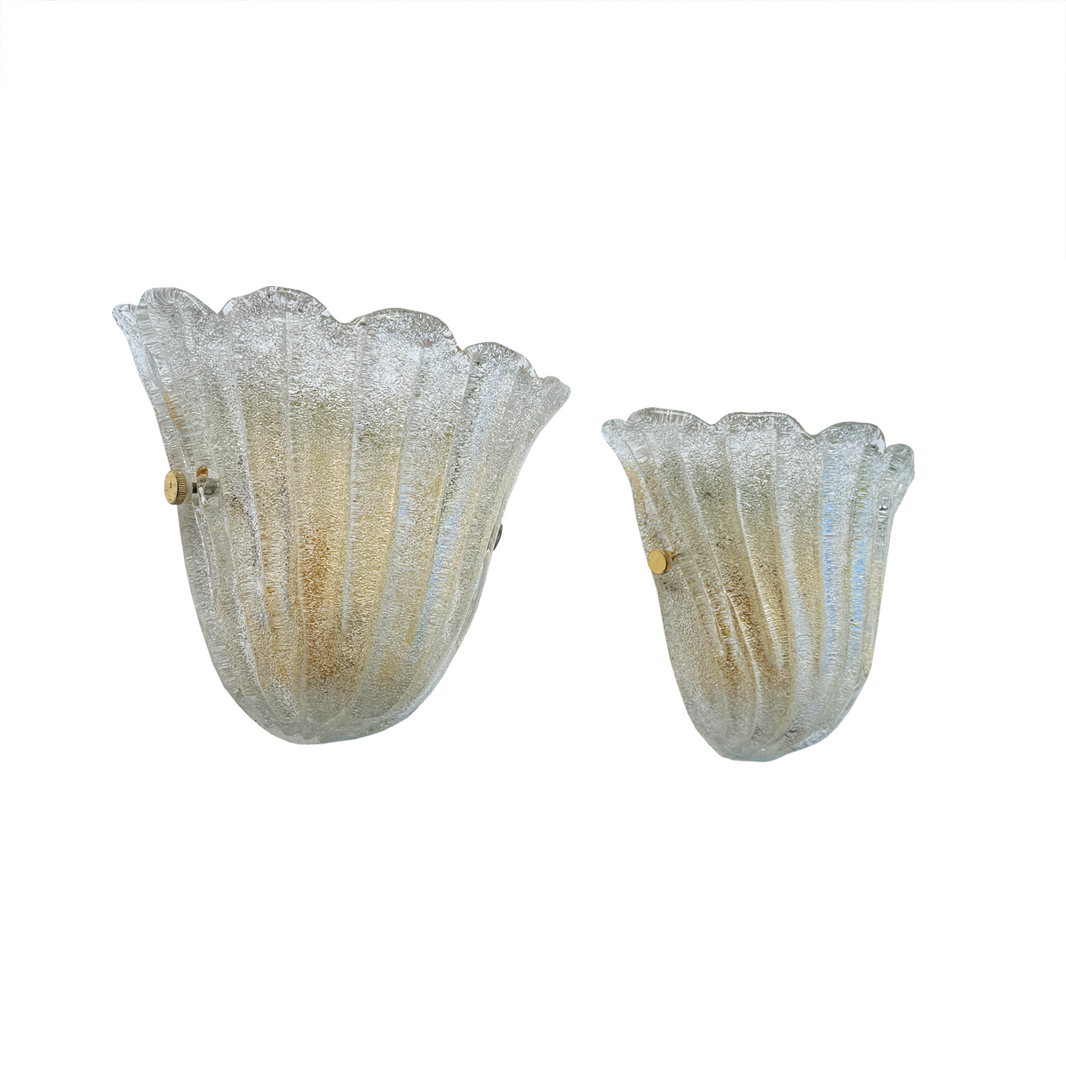Two vintage-style Murano glass wall sconces in a textured, ribbed tulip shape, featuring a clear frosted glass body with warm gold and beige tones, shown against a plain white background.