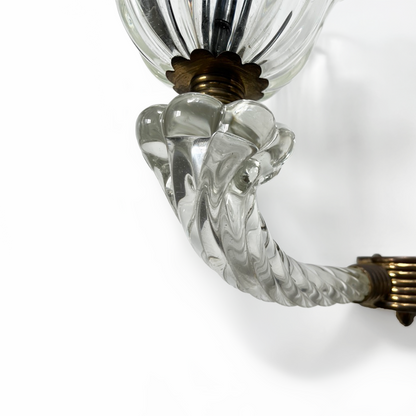 Vintage Double Armed Murano Glass and Brass Sconce - 1 Available