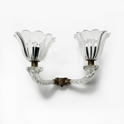 Vintage Double Armed Murano Glass and Brass Sconce - 1 Available