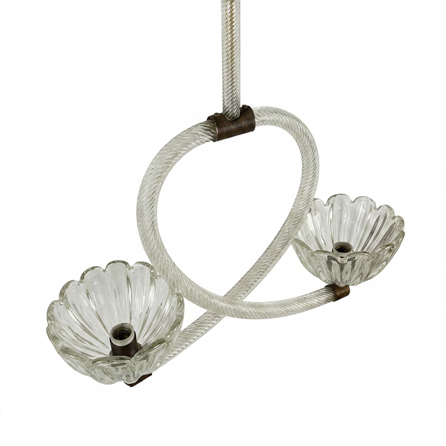 Barovier & Toso twin bowl Murano glass pendant with central looped brass frame, 1940s Italian