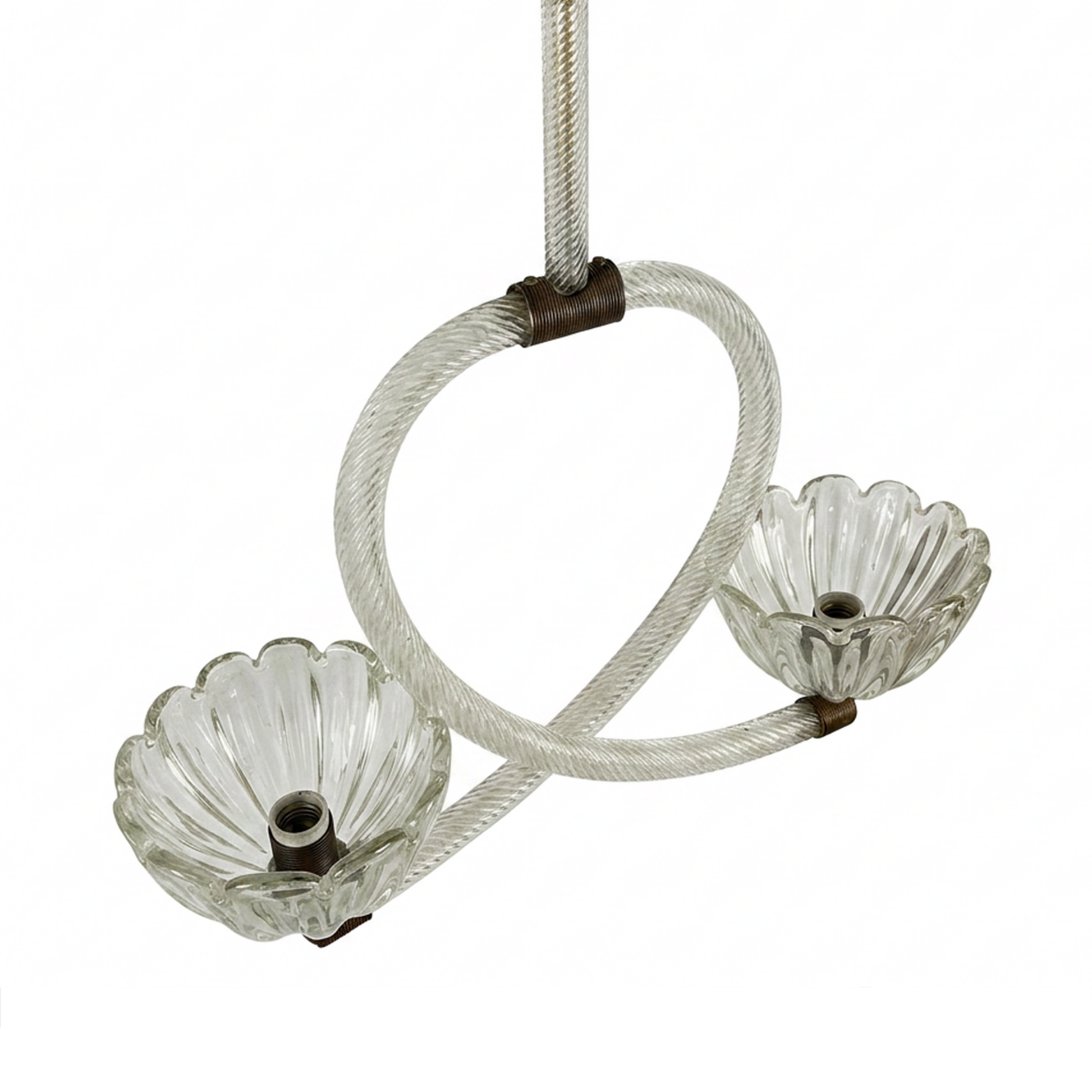 Barovier & Toso twin bowl Murano glass pendant with central looped brass frame, 1940s Italian