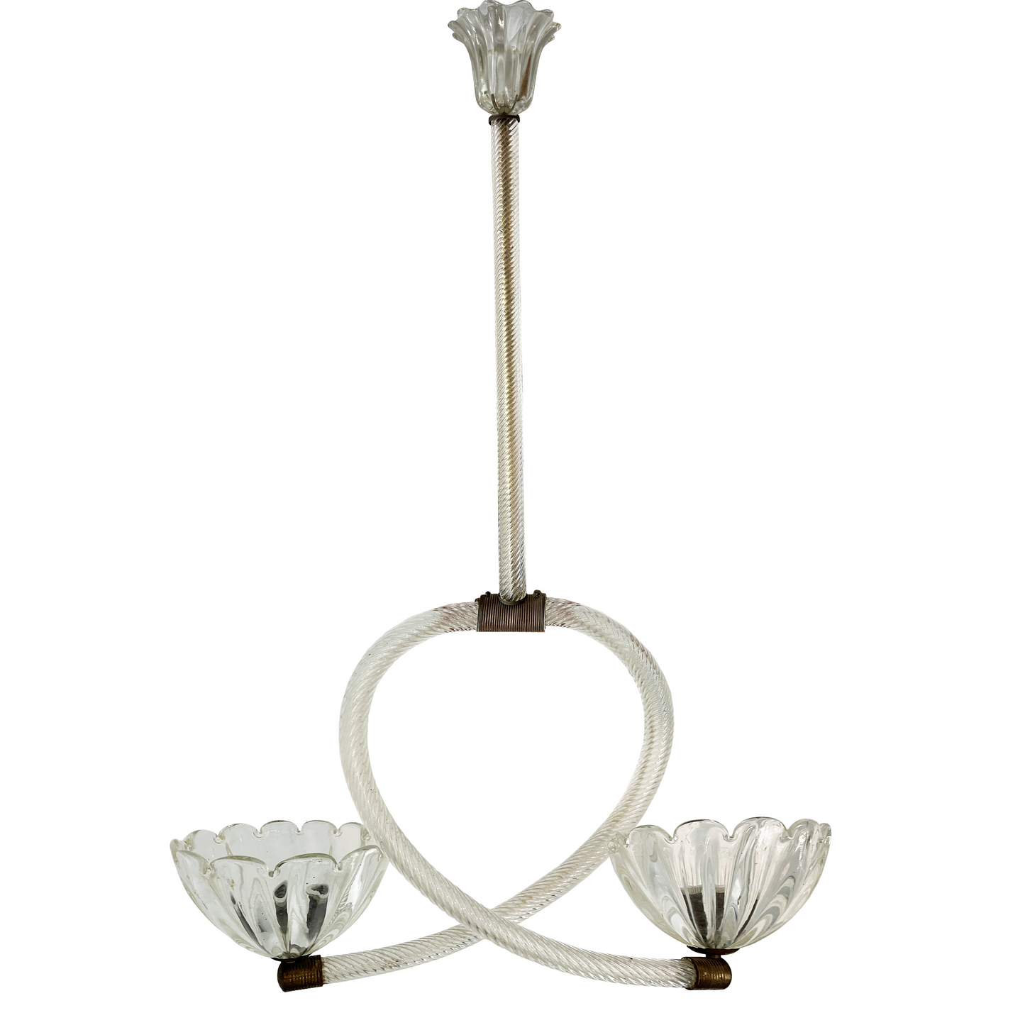 Barovier & Toso twin bowl Murano glass pendant with central looped brass frame, 1940s Italian