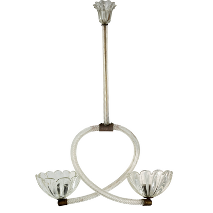 Barovier & Toso twin bowl Murano glass pendant with central looped brass frame, 1940s Italian