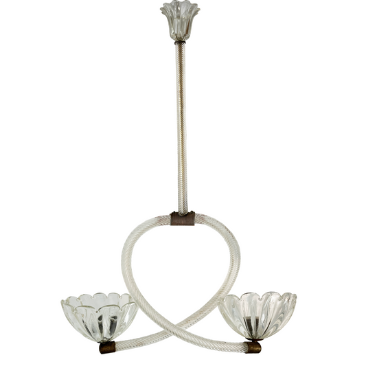 Barovier & Toso twin bowl Murano glass pendant with central looped brass frame, 1940s Italian
