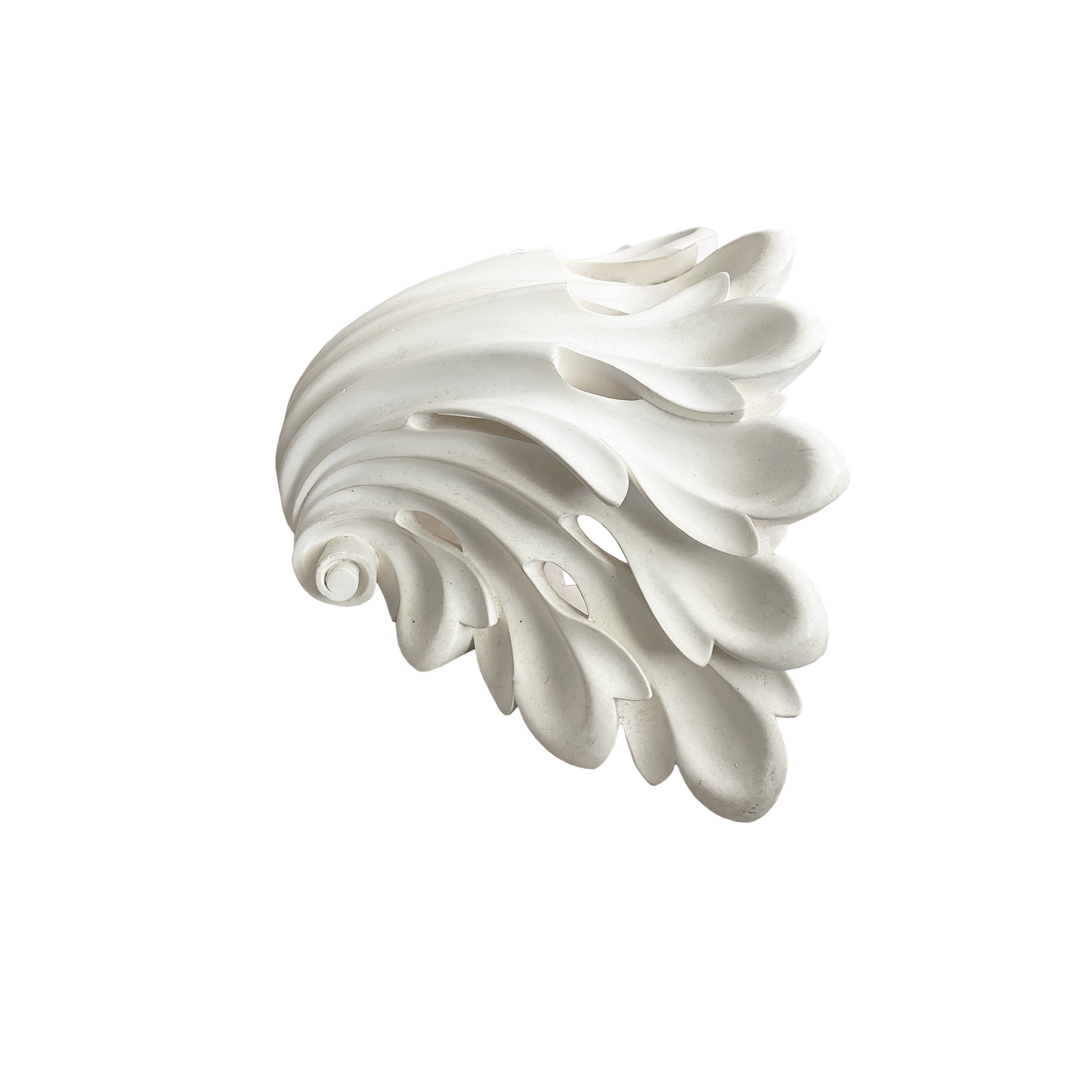 Close-up detail of the acanthus plaster leaf carving texture on its side, vintage lighting