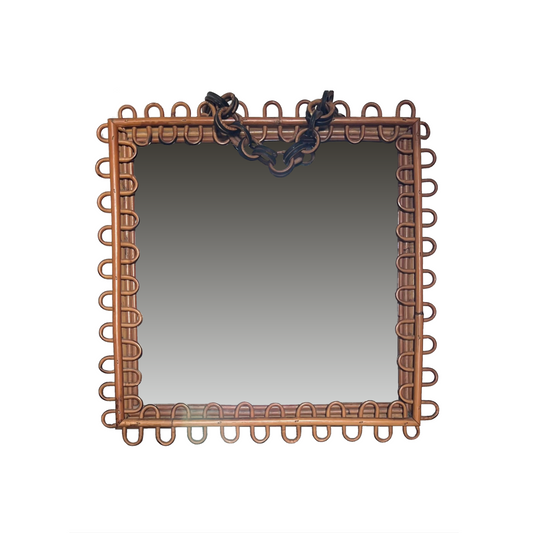 Vintage Square Looped Mirror in Rattan and Bamboo by Bonacina