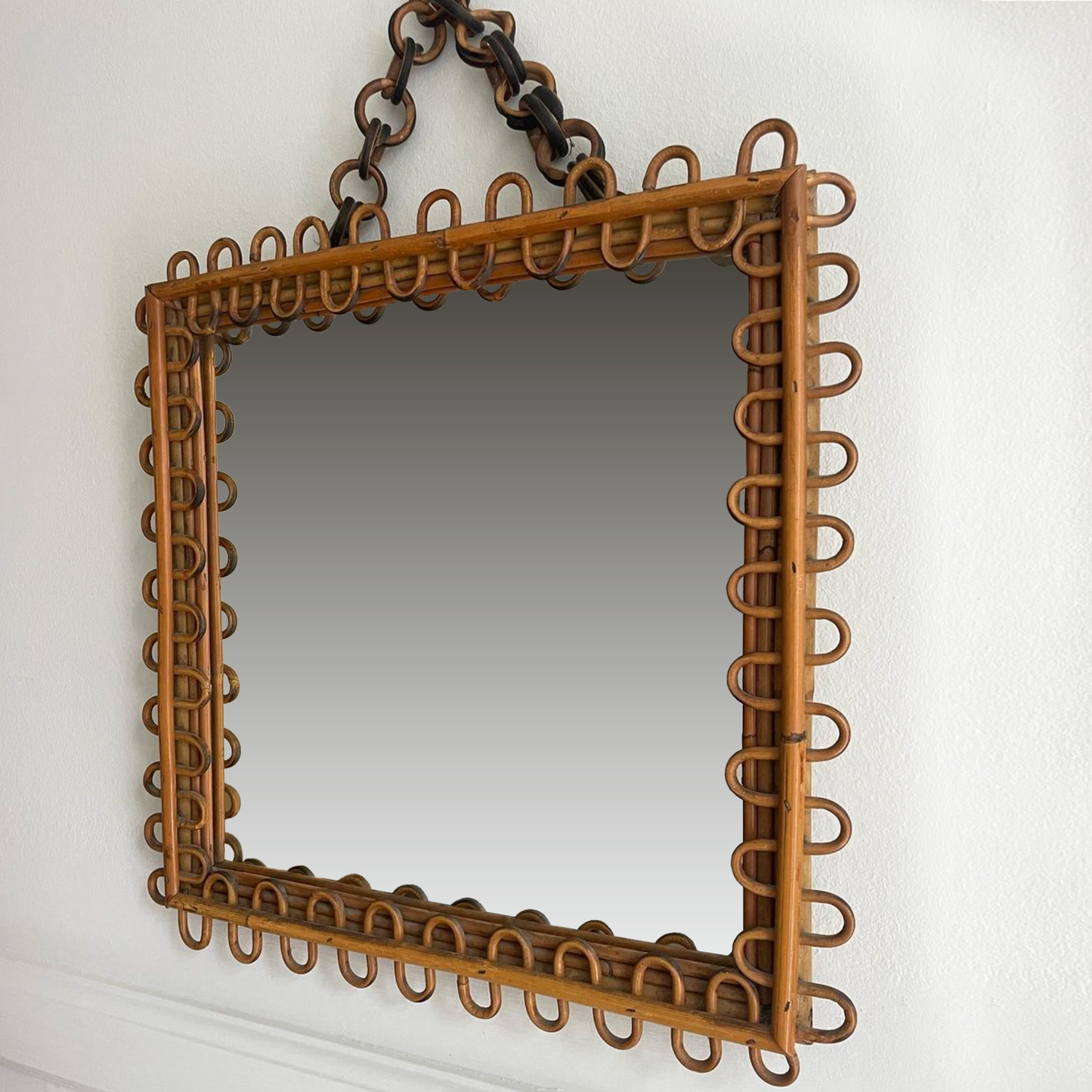 Vintage Square Looped Mirror in Rattan and Bamboo by Bonacina